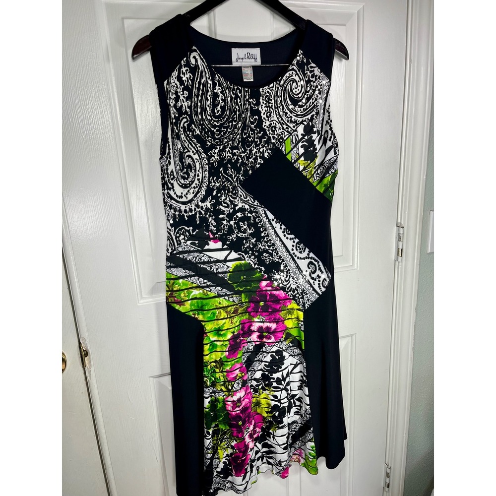 Joseph Ribkoff 12 Black White Pink Green Paisley Floral Sequin Sleeveless Dress - Picture 3 of 10